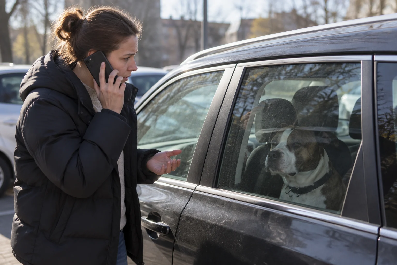 Žmogus telefonu derina pagalbą šalia automobilio, kuriame liko gyvūnas.