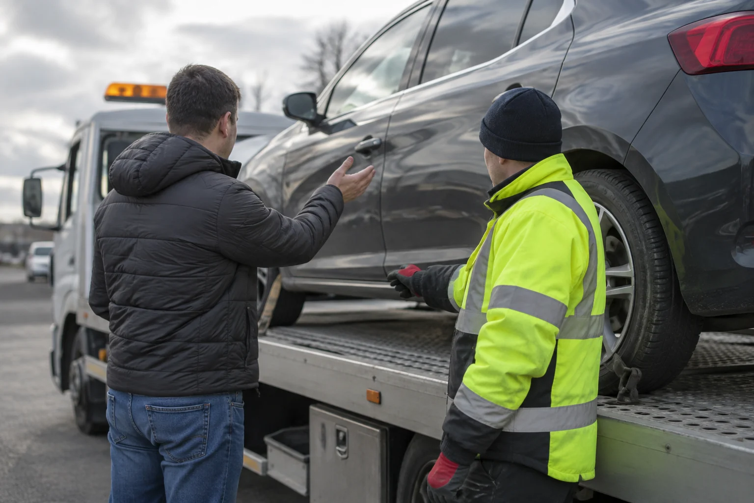 Automobilio savininkas ir tralo operatorius aptaria prieigą prie ant tralo esančio automobilio.