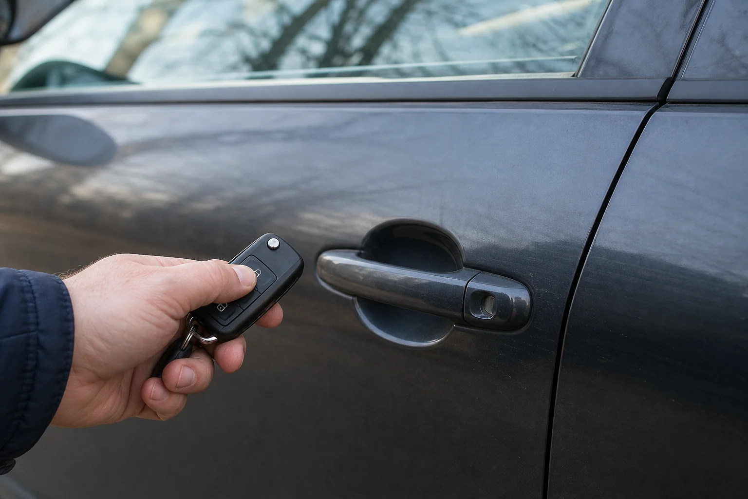 Rankoje laikomas automobilio pultelis prie uždarytų durų rankenos.