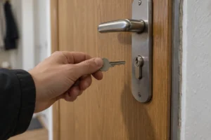Prie uždarytų durų žmogus laiko raktą šalia spynos.