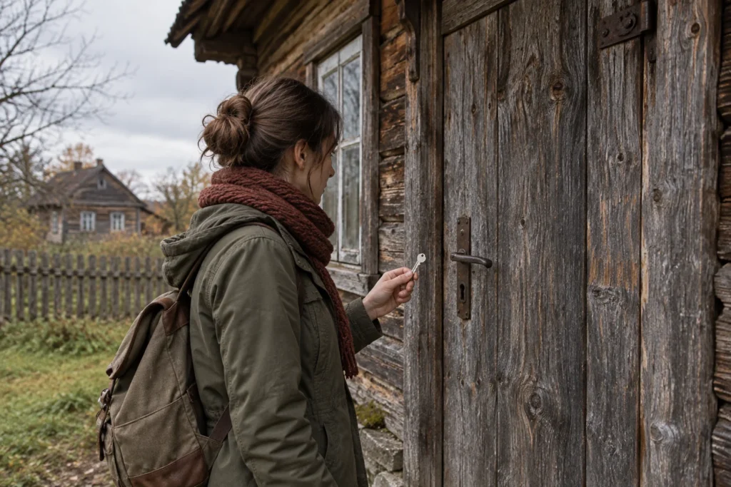 Prie uždarytų sodybos durų žmogus apžiūri rankoje laikomą raktą.