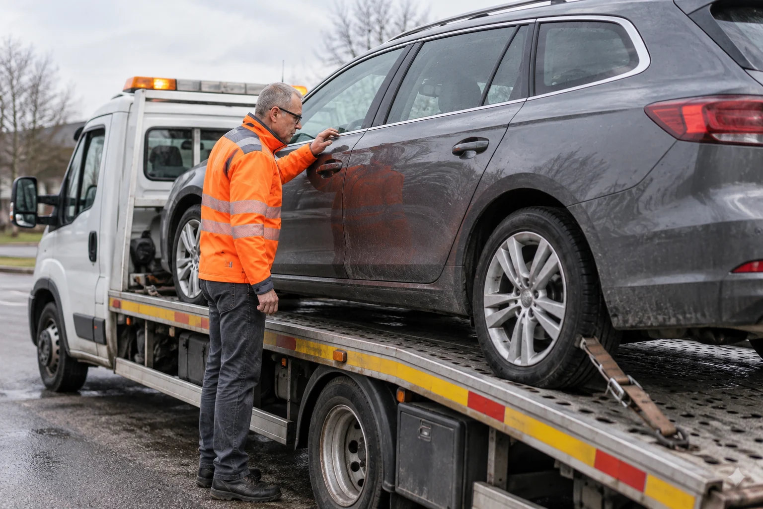 Automobilių specialistas apžiūri ant tralo esantį automobilį.