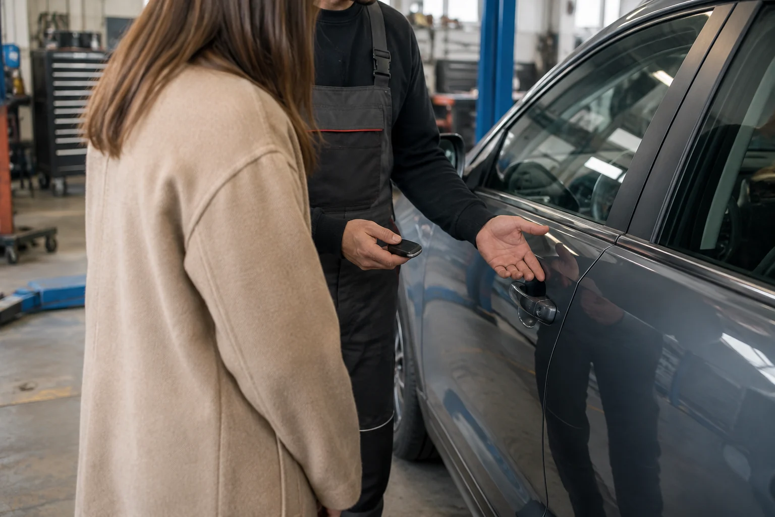 Automobilių specialistas ir savininkas aptaria pasikartojantį durų veikimo sutrikimą.