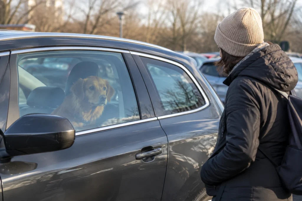 Pro šalį einantis žmogus pastebi šunį stovinčiame automobilyje.