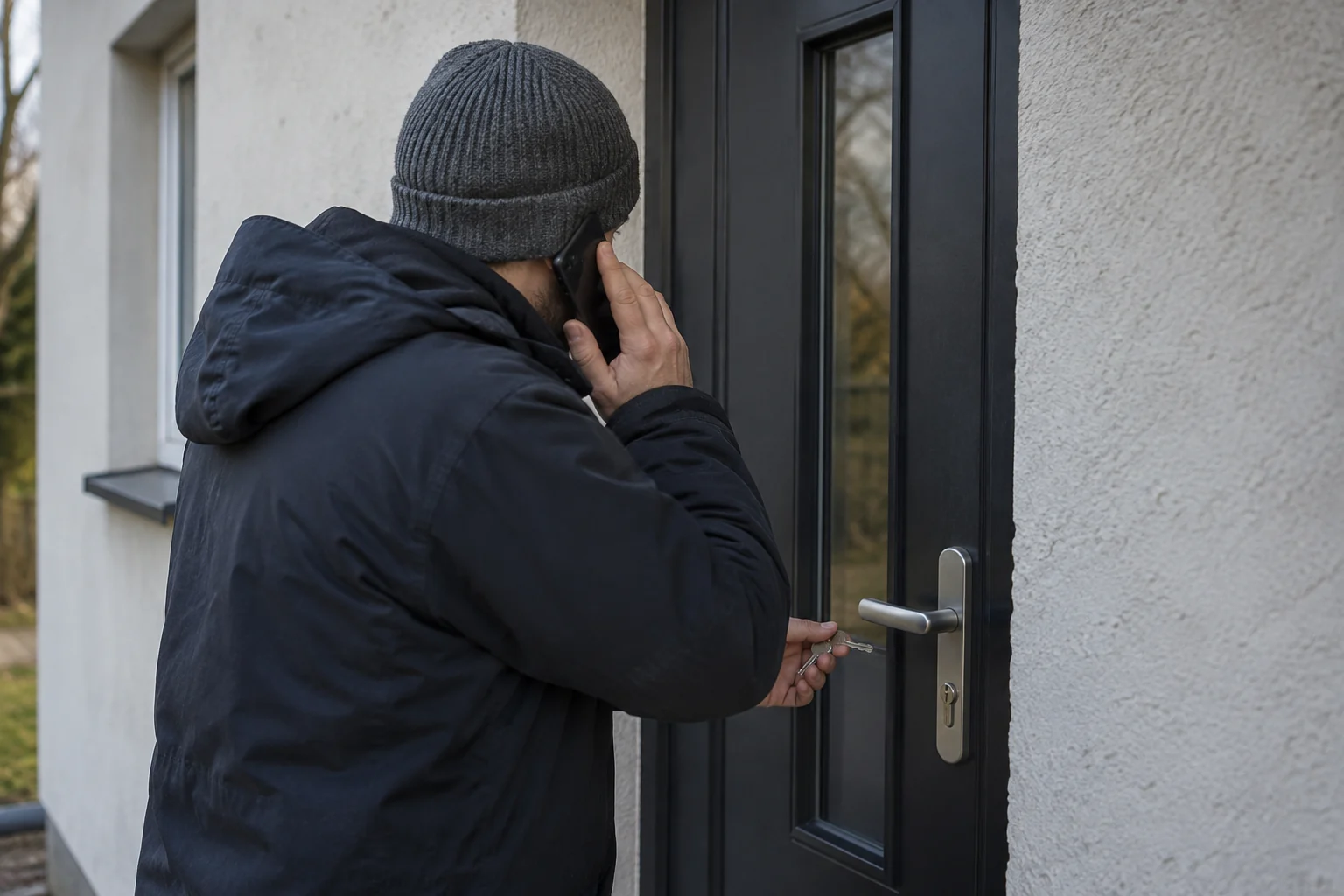 Žmogus prie uždarytų durų telefonu kreipiasi pagalbos, rankoje laikydamas raktą.