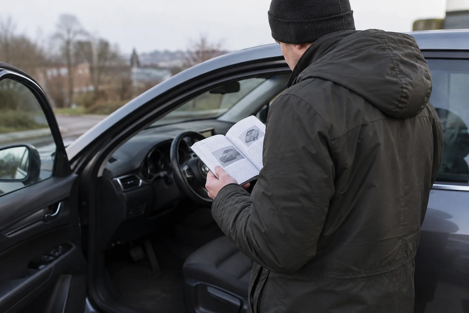 Vairuotojas prie atidaryto automobilio peržiūri jo naudojimo instrukciją.