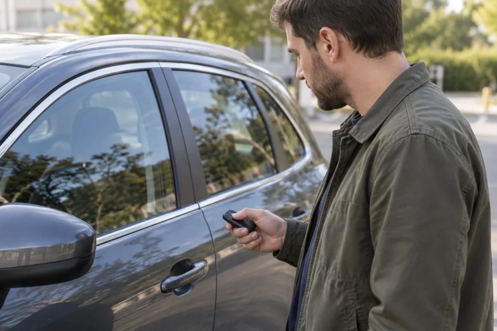 Vairuotojas prie uždaryto automobilio apžiūri rankoje laikomą pultelį.