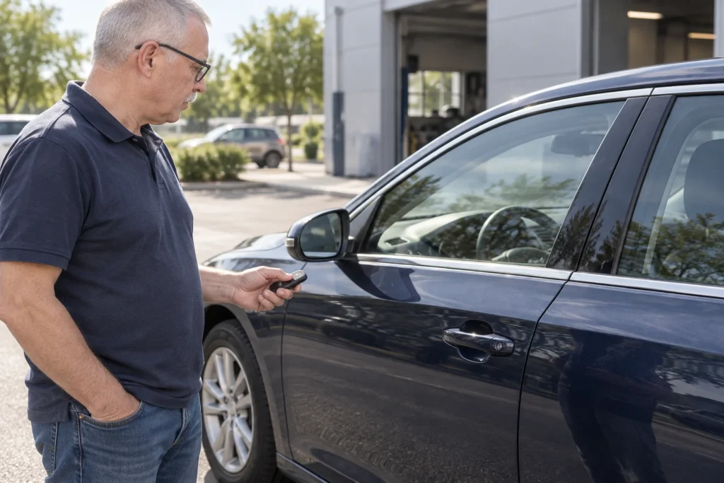 Vairuotojas stovi prie užrakinto automobilio ir rankoje laiko raktelį.