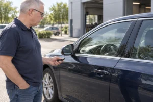 Vairuotojas stovi prie užrakinto automobilio ir rankoje laiko raktelį.